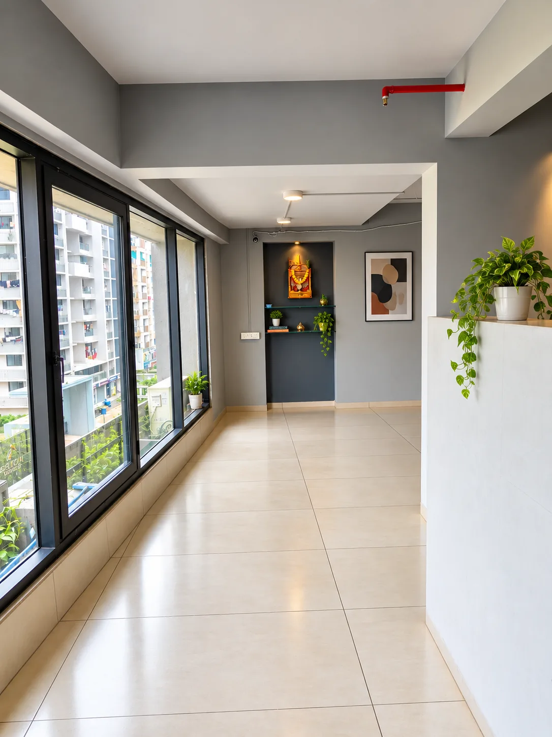A tiled corridor in the new office running past a wall of windows.